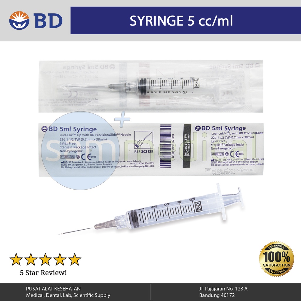 [00120150278] BD Spuit 5cc Luer Lock Tip - 21G x 1 1/2inch @1pcs