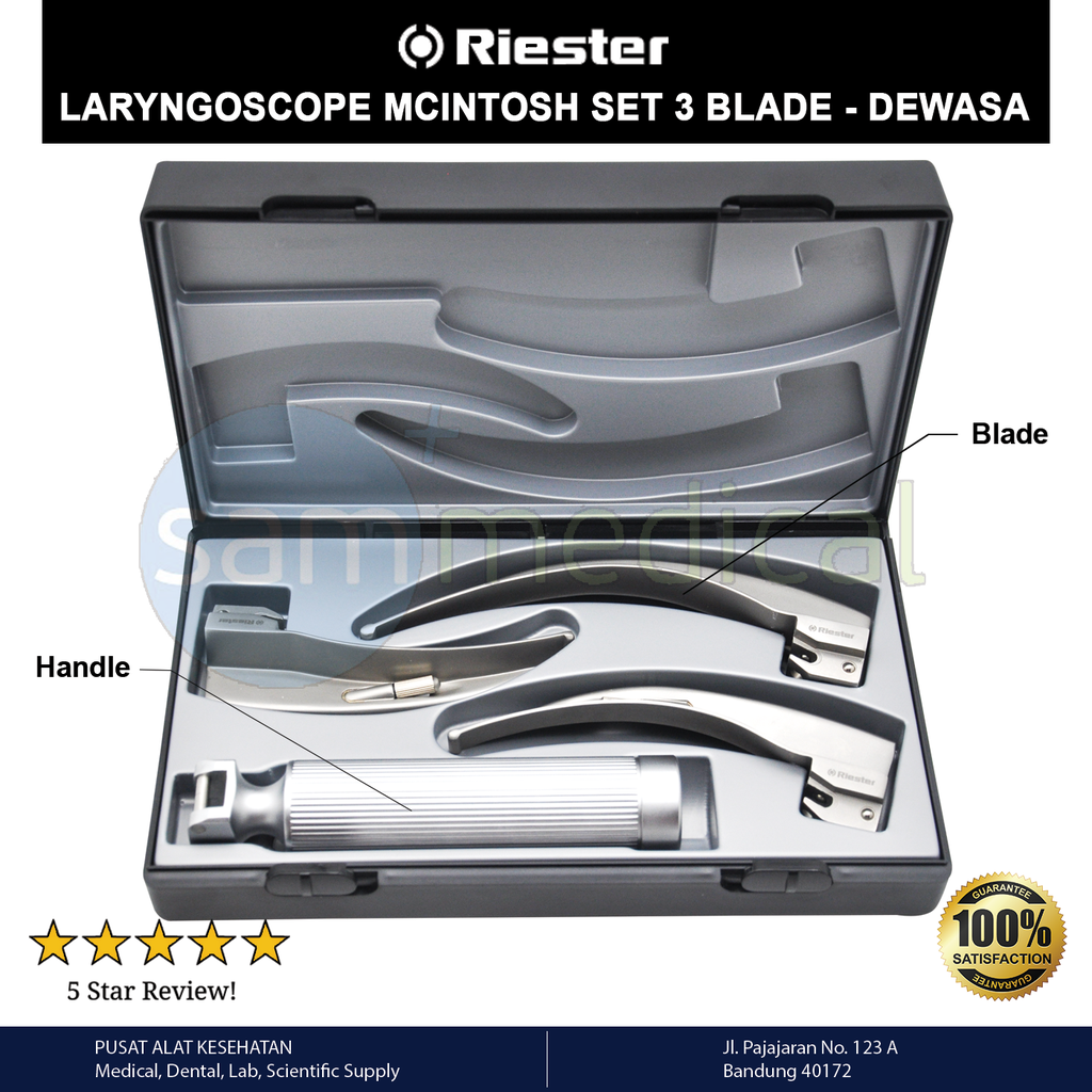 [00120152138] Riester RI Standar Laryngoscope McIntosh Bengkok Set 3 Blade - Dewasa 7040