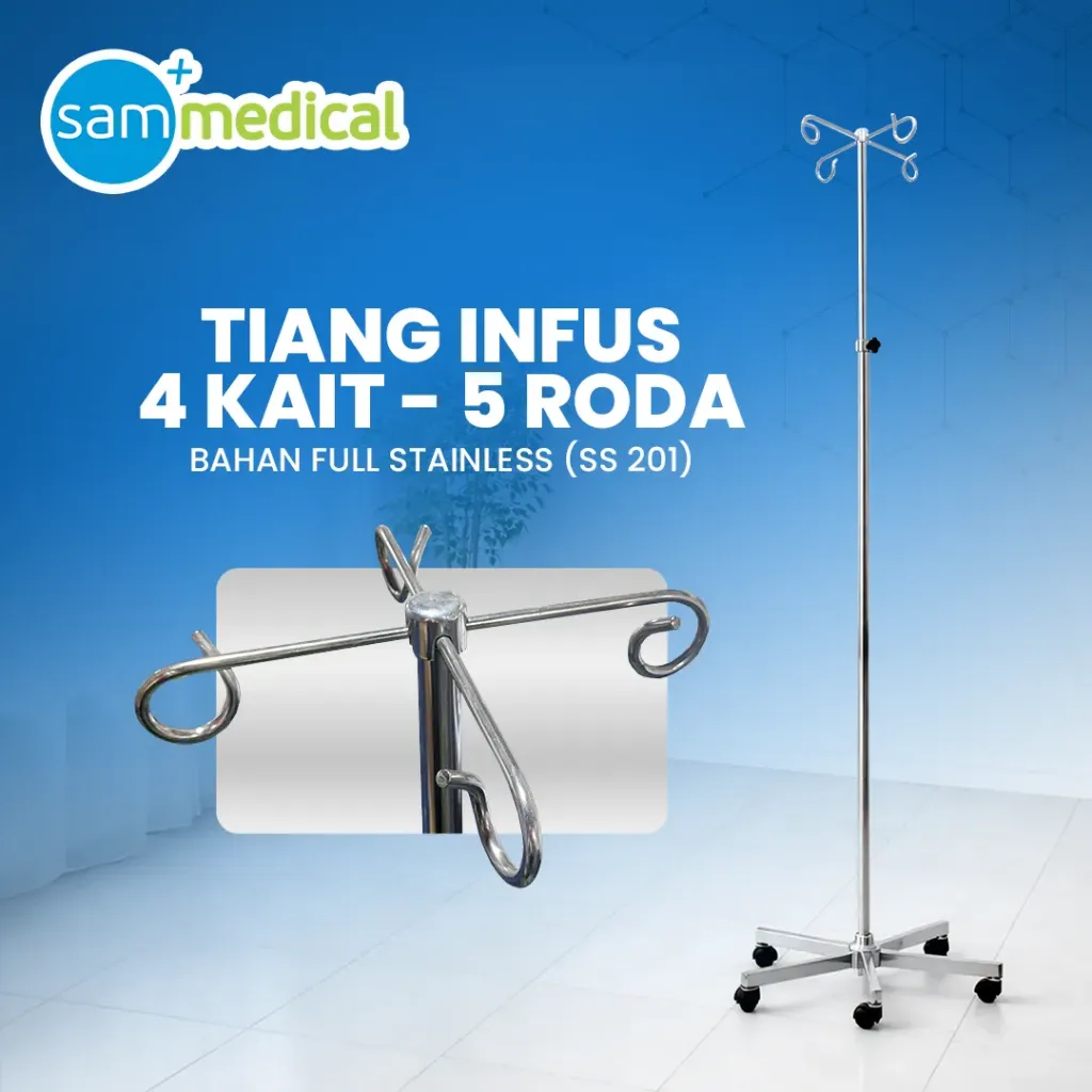 Lokal Tiang Infus 4 Kait + 5 roda full Stainless (SS 201)