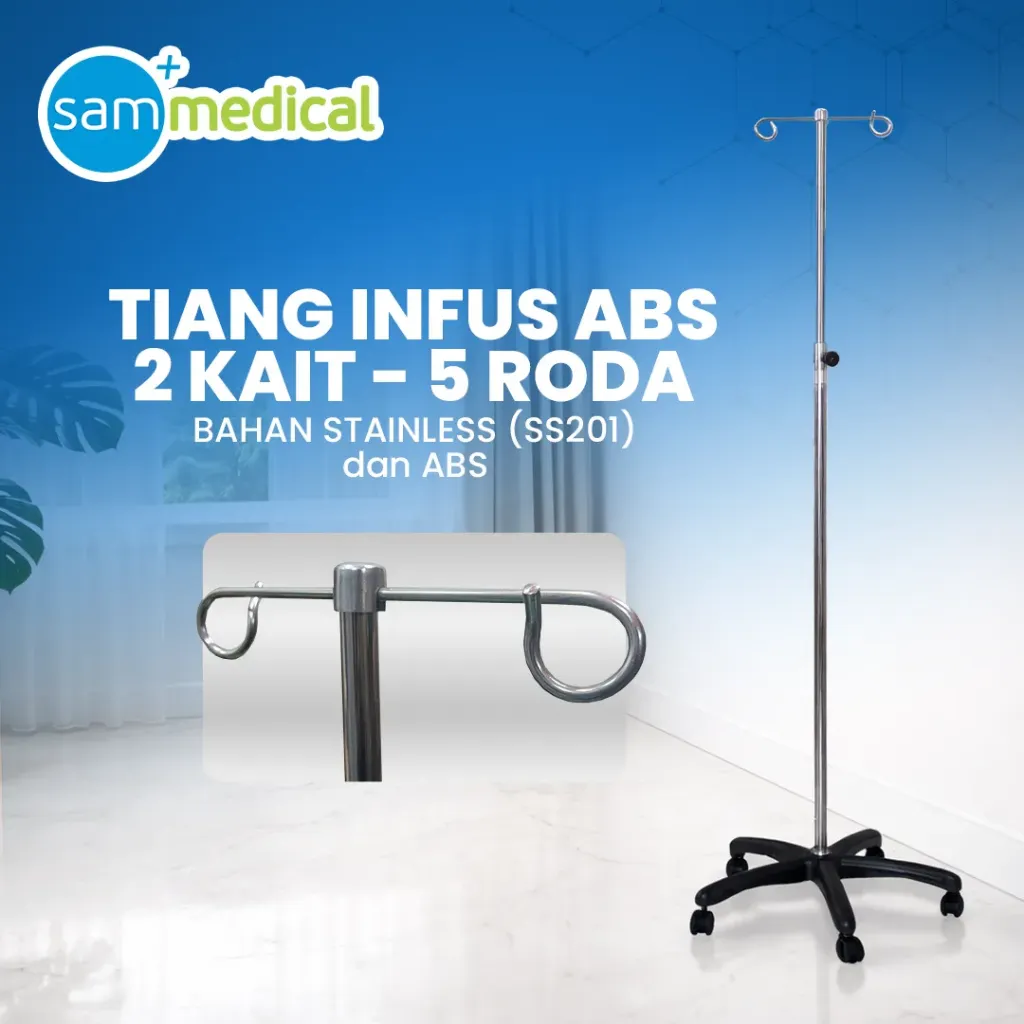 Lokal Tiang Infus Stainless 5 Roda ABS - 2 kait (SS 201)