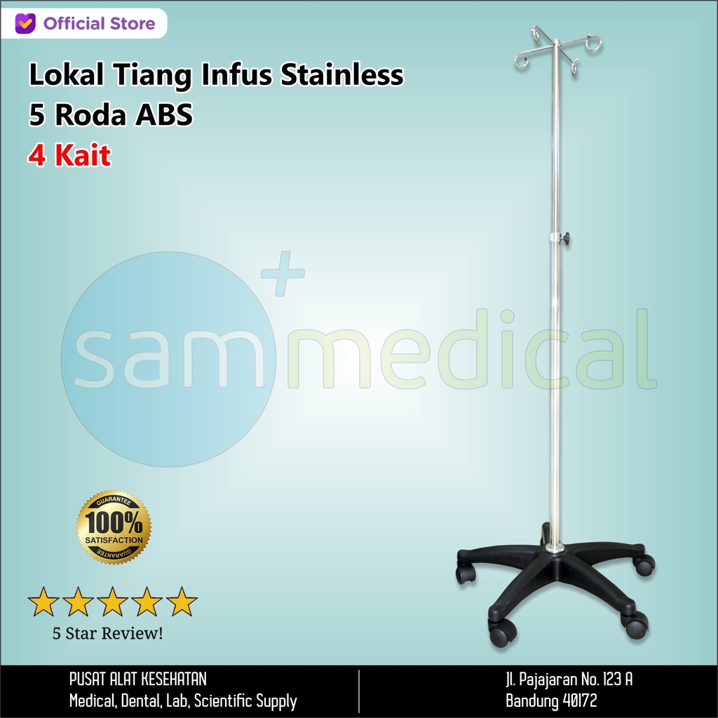 Lokal Tiang Infus Stainless 5 Roda ABS - 4 kait (SS 201)