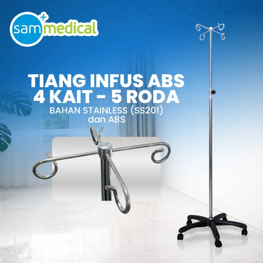 Lokal Tiang Infus Stainless 5 Roda ABS - 4 kait (SS 201)