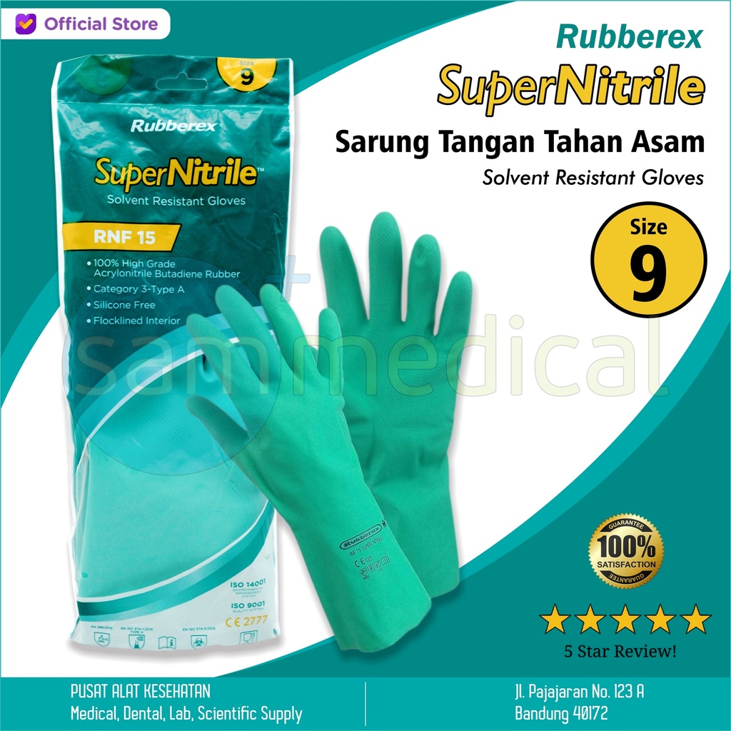 Rubberex Sarung Tangan Nitrile Hijau Tahan Asam No 9(L)