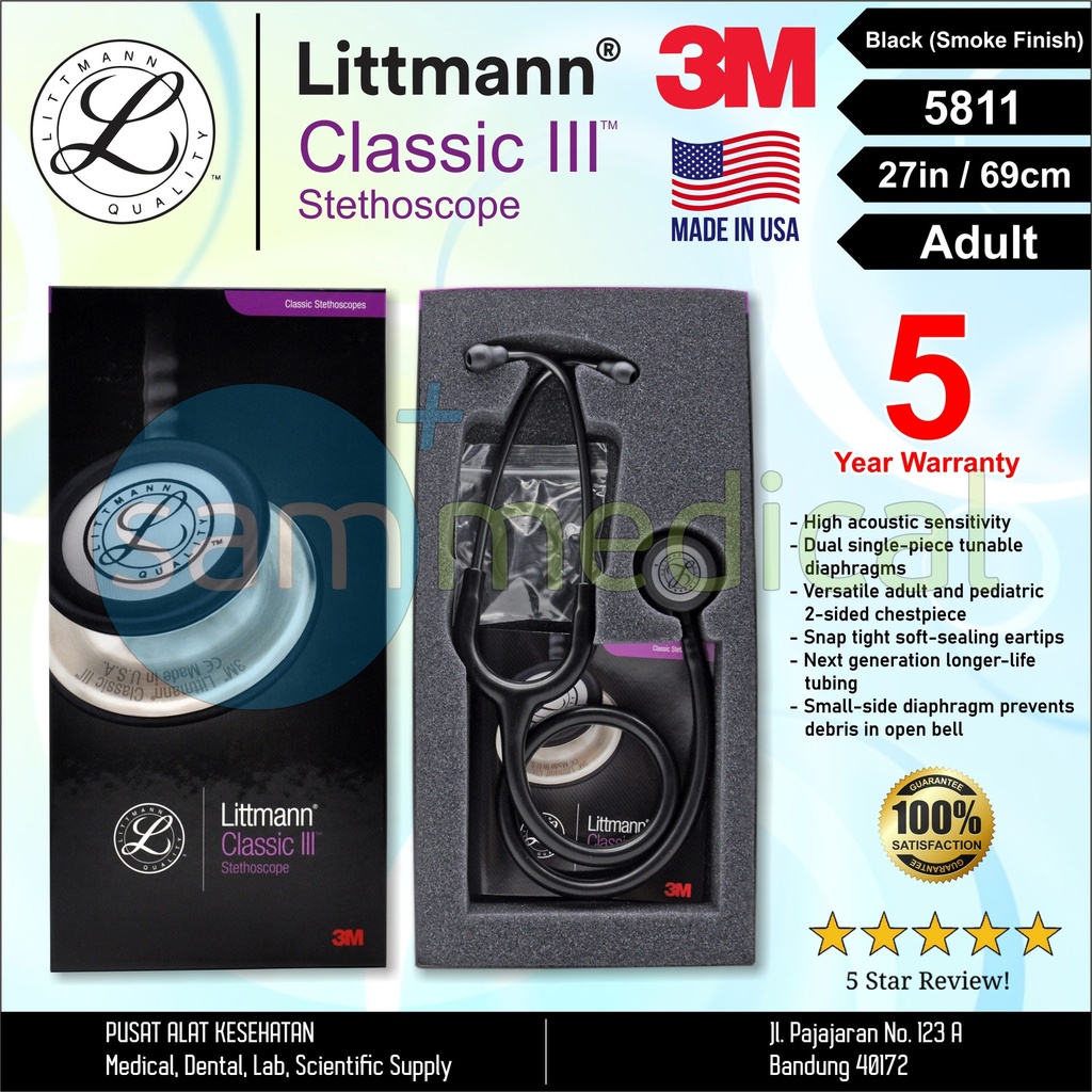 [00120170443] Littmann Classic III Steth SPECIAL Adult Black (Smoke Finish)
