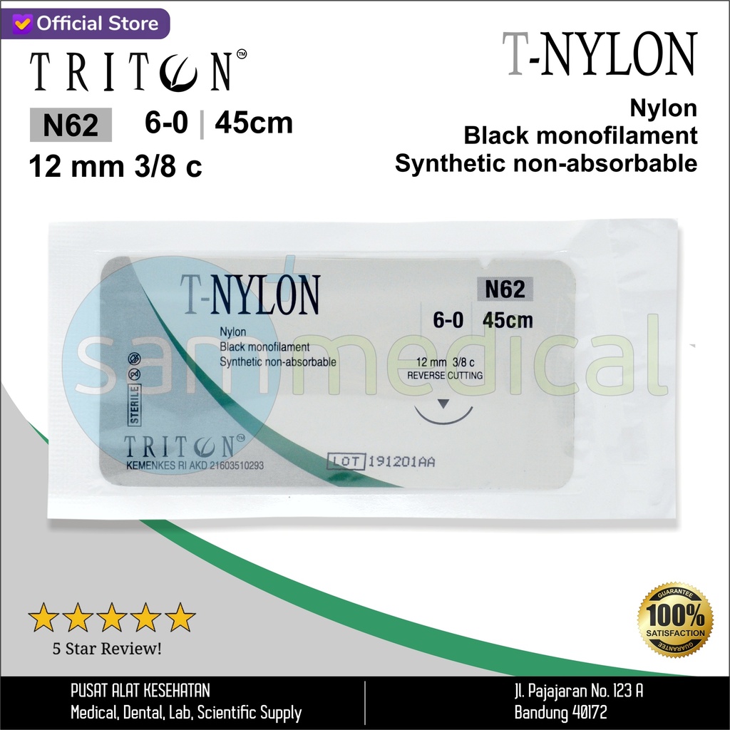[00120190594] Triton Benang Nylon + Jarum Cutting - 6/0 (12mm 3/8 - 45cm)N62
