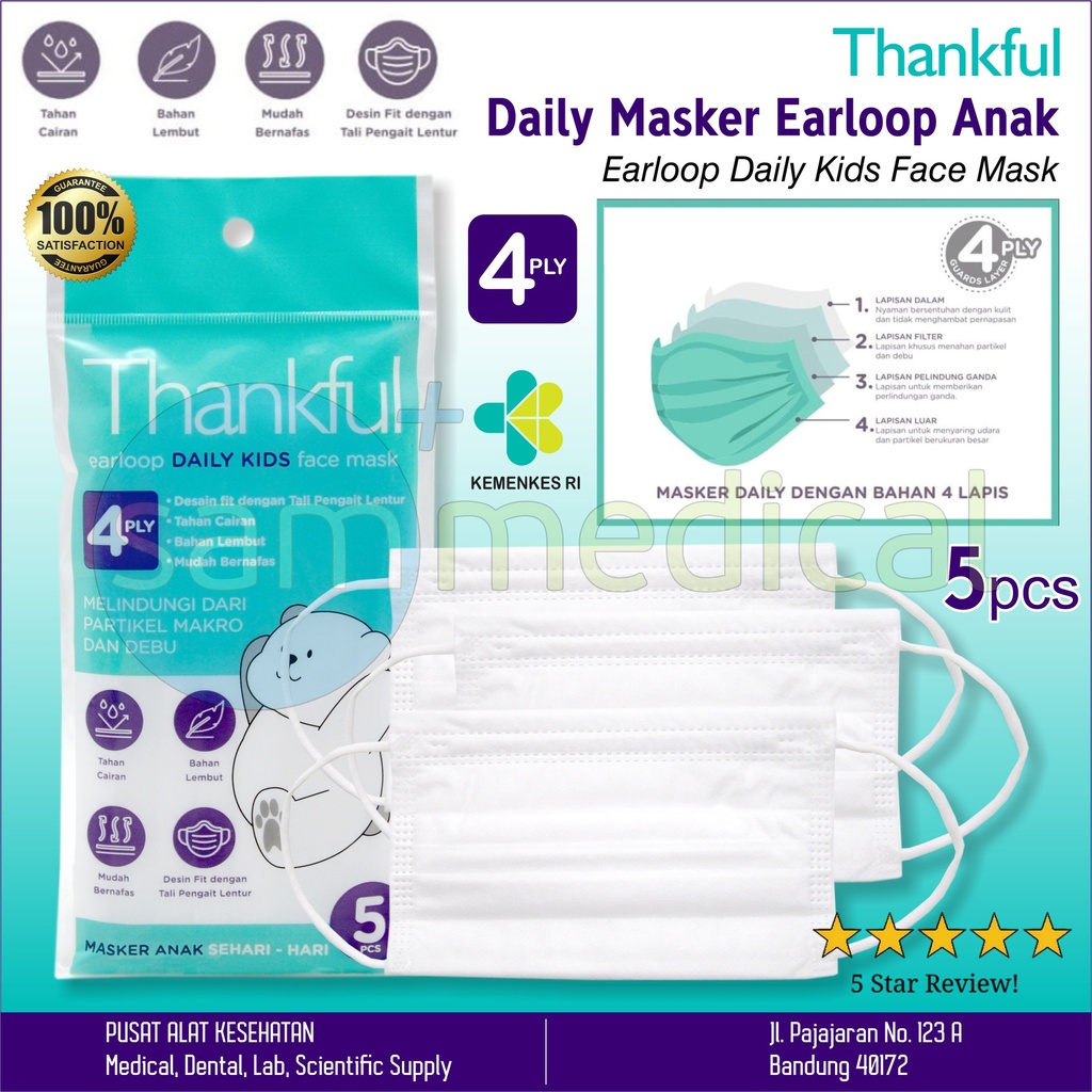 Thankful Daily Masker Earloop Anak Putih 4ply @5pcs