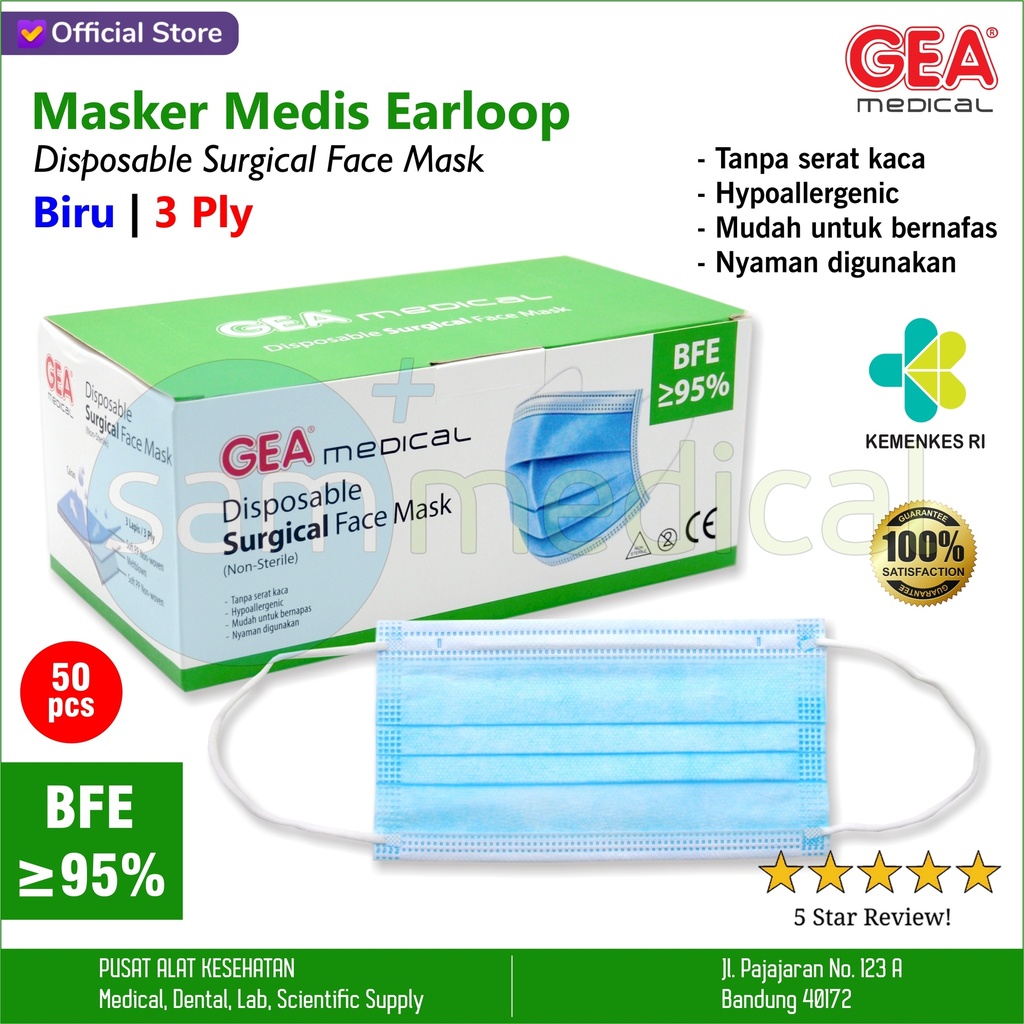 [00120210248] GEA Masker Earloop 3ply Biru isi 50pcs