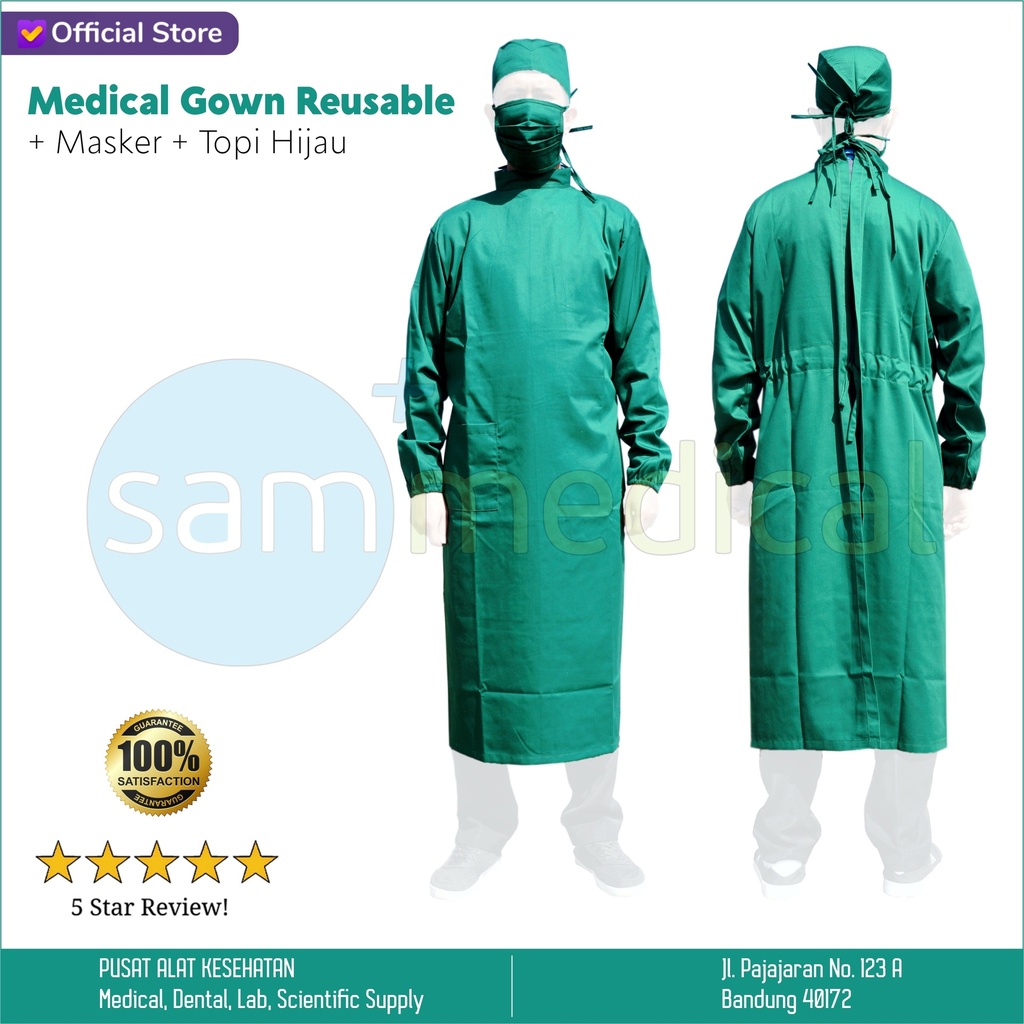 [00120210336] Medical Gown Reusable + Masker + Topi Hijau