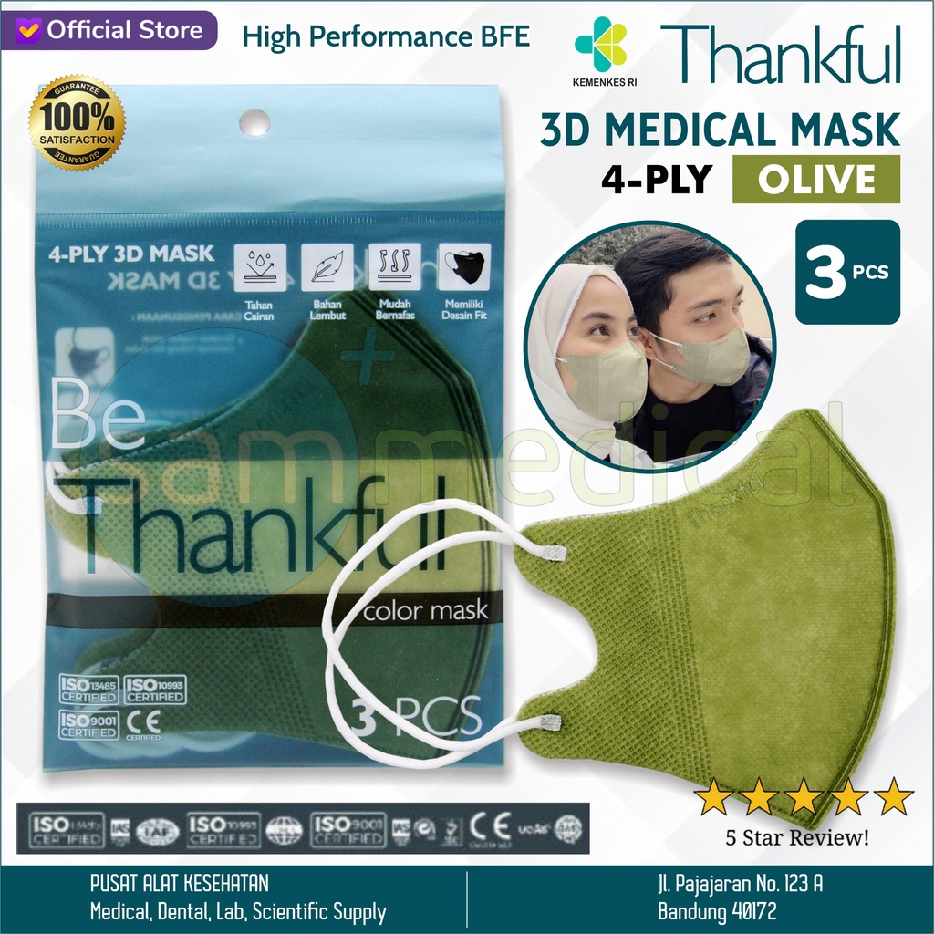 [00120210584] Thankful Masker 3D SACHET isi 3pcs Olive