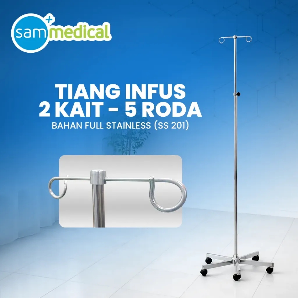 [00120220410] Lokal Tiang Infus 2 Kait + 5 roda full Stainless (SS 201)
