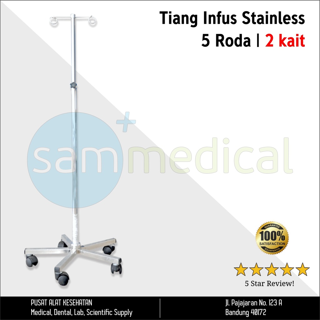 Lokal Tiang Infus 2 Kait + 5 roda full Stainless (SS 201)