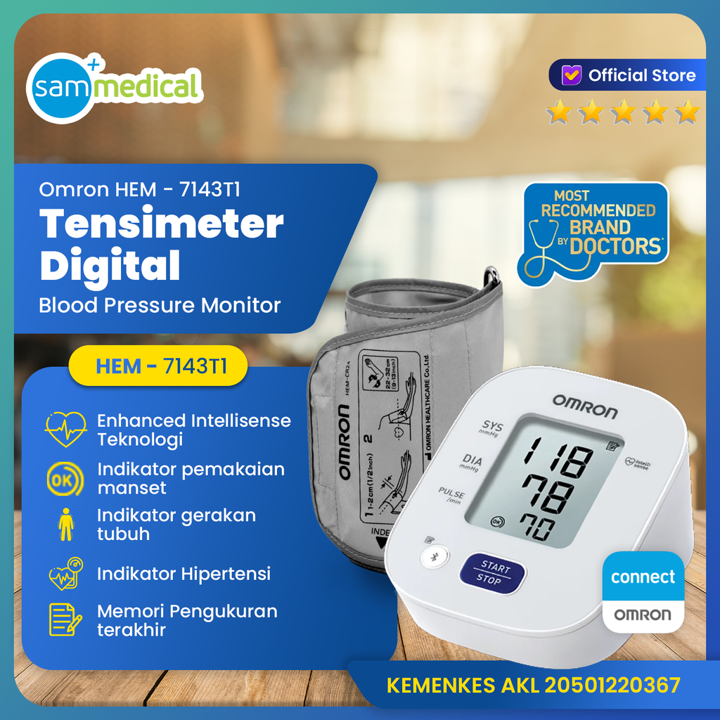 Omron Tensimeter Digital + Connect Bluetooth HEM 7143T-1