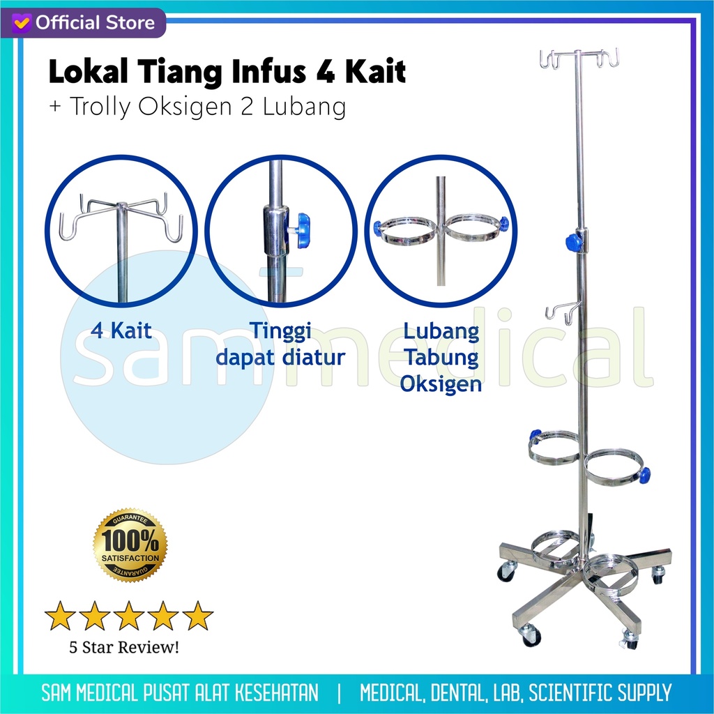 Lokal Tiang Infus 4 Kait + Trolly Oksigen 2 Lubang