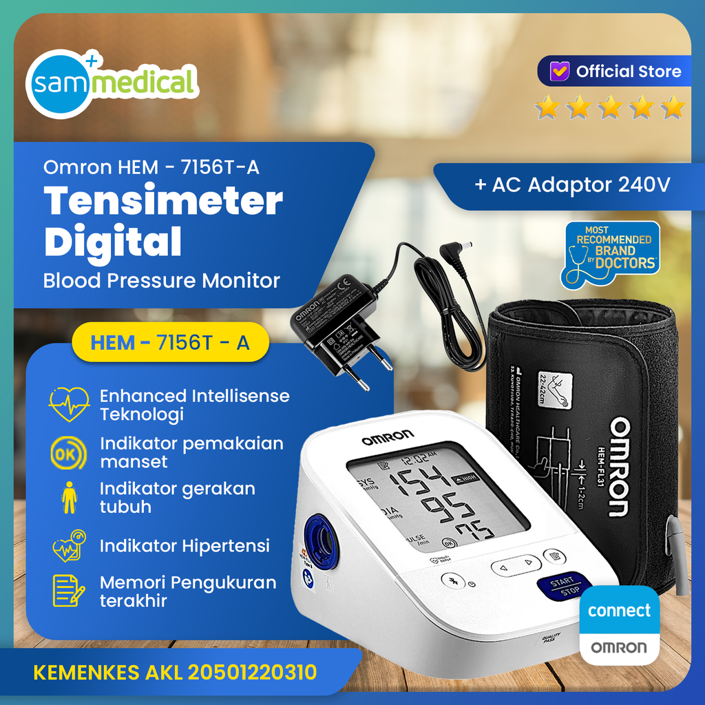 [00120230340] Omron Tensimeter - Lengan Deluxe HEM 7156TA + Adaptor+ Connect Bluetooth
