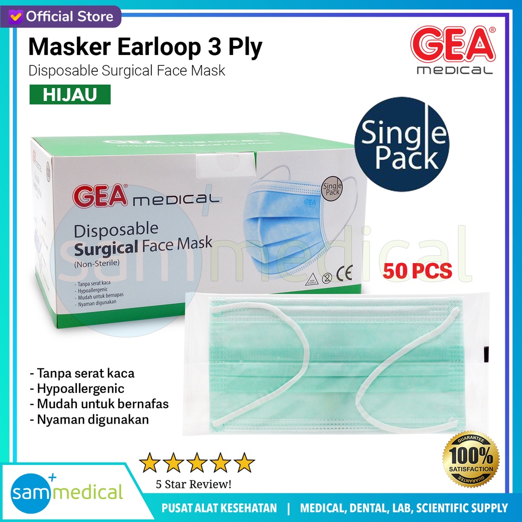 [00120230475] GEA Masker Earloop 3ply Hijau isi 50pcs