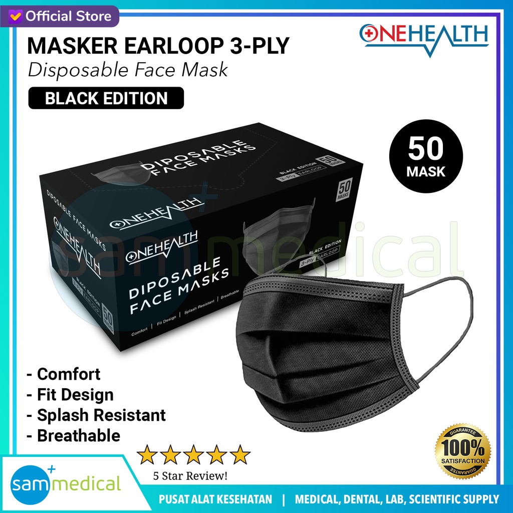 [00120230521] One Health Masker Earloop BLACK EDITION 3ply @50pcs/box