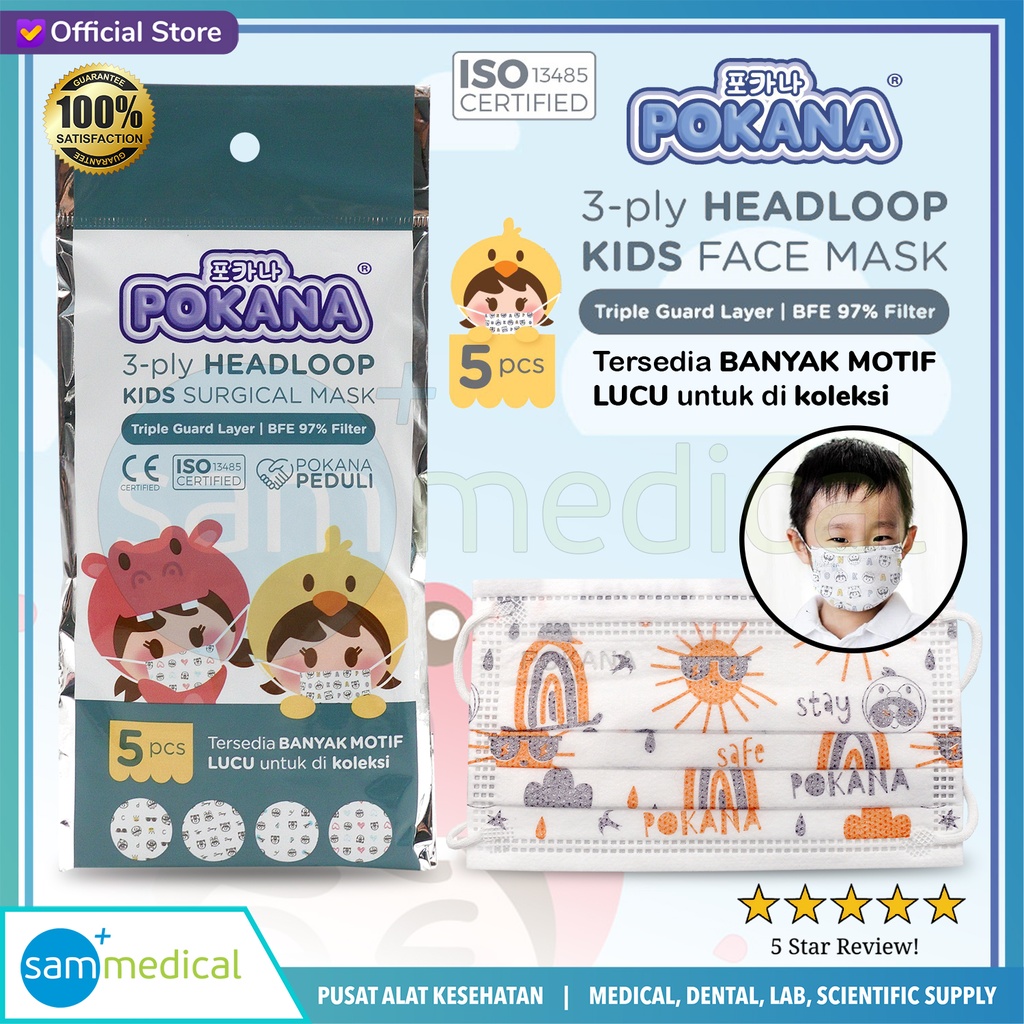 POKANA 3-ply Headloop Surgical Face Masker Kids - Sachet@5pcs