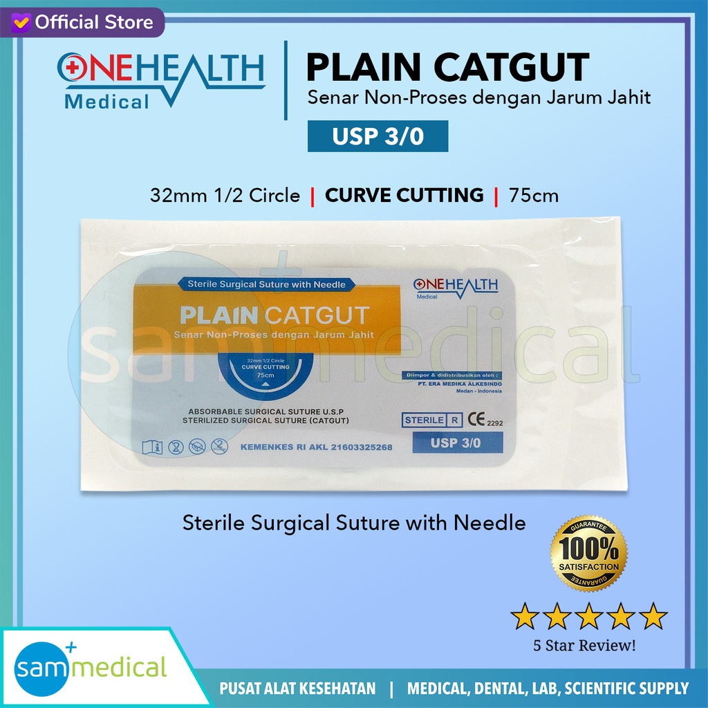 [120230894] One Health Catgut Plain + Needle 75cm No. 3/0