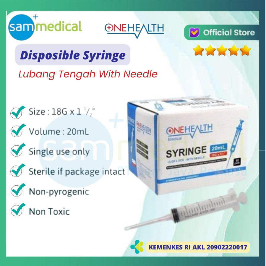 One Health Spuit 20cc Luer Lock / Lubang Tengah With Needle