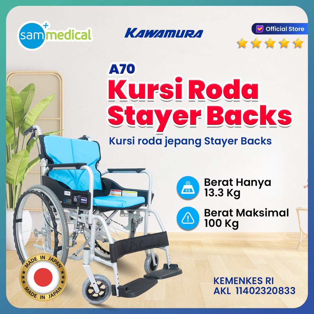 [120231187] Kawamura Kursi Roda Allumunium Biru (SY2-A70-45BK) 22 Inch-Roda Besar