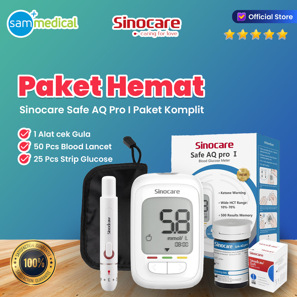 Bundling Sinocare AQ PRO KOMPLIT(Meter) + (Strip@25) + (Jarum@50)