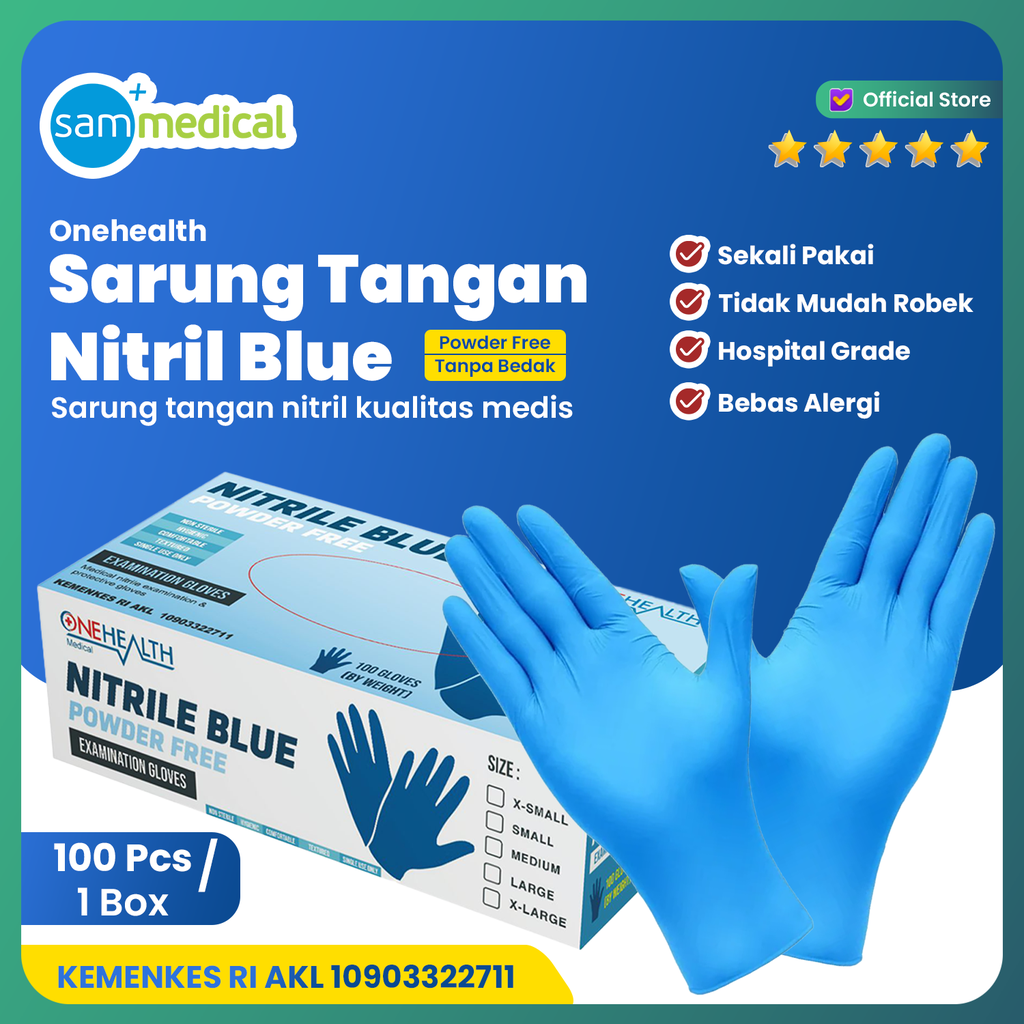 [120231381] One Health Sarung Tangan Nitril Powder Free Blue S @50 Pasang