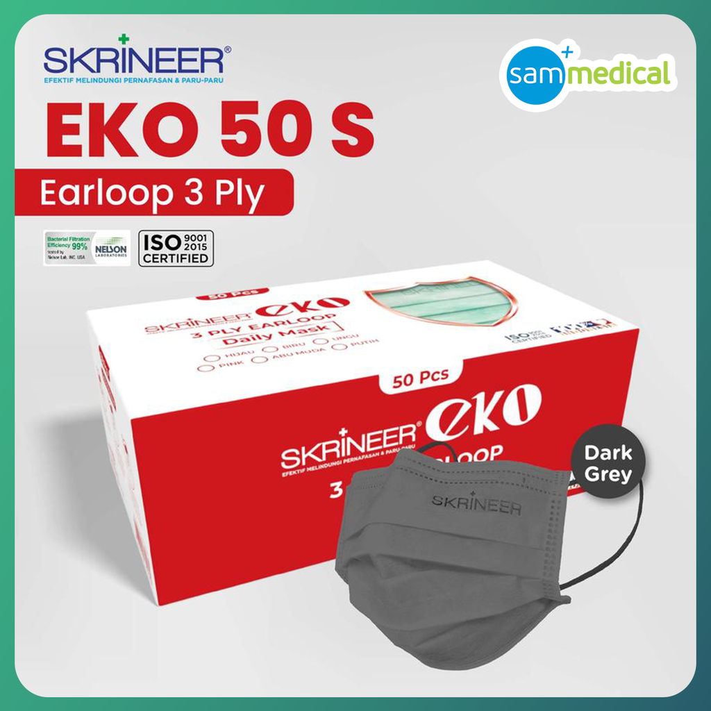 Skrineer Masker Erloop 3Ply  Dark Grey@50 pcs