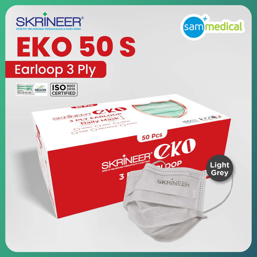 Skrineer Masker Erloop 3Ply  Light Grey@50 pcs