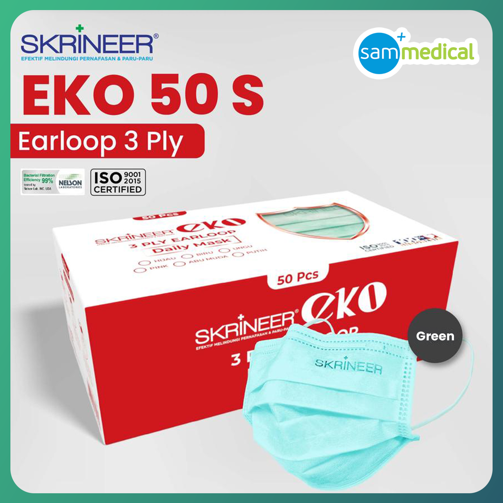 Skrineer Masker Erloop 3Ply  Hijau@50 pcs