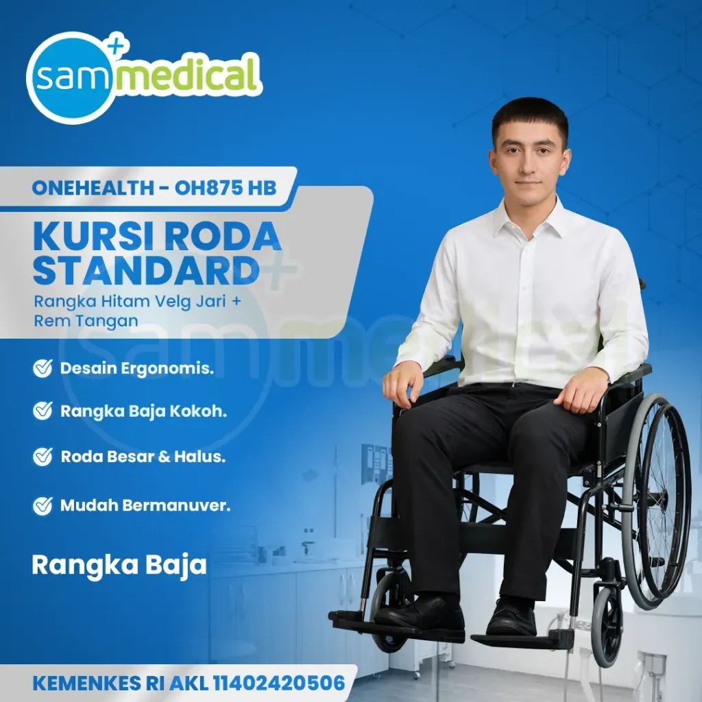 [120231973] One Health Kursi Roda Standard Rangka Hitam Velg Jari + Rem Tangan OH875 HB