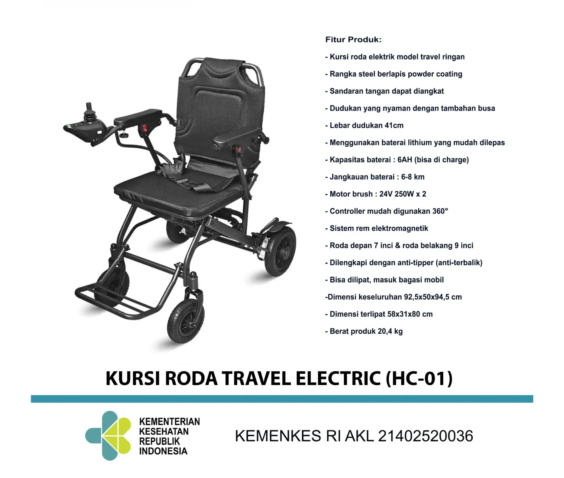 One Health Kursi Roda Travelling Electric Baterai Lithium HC01
